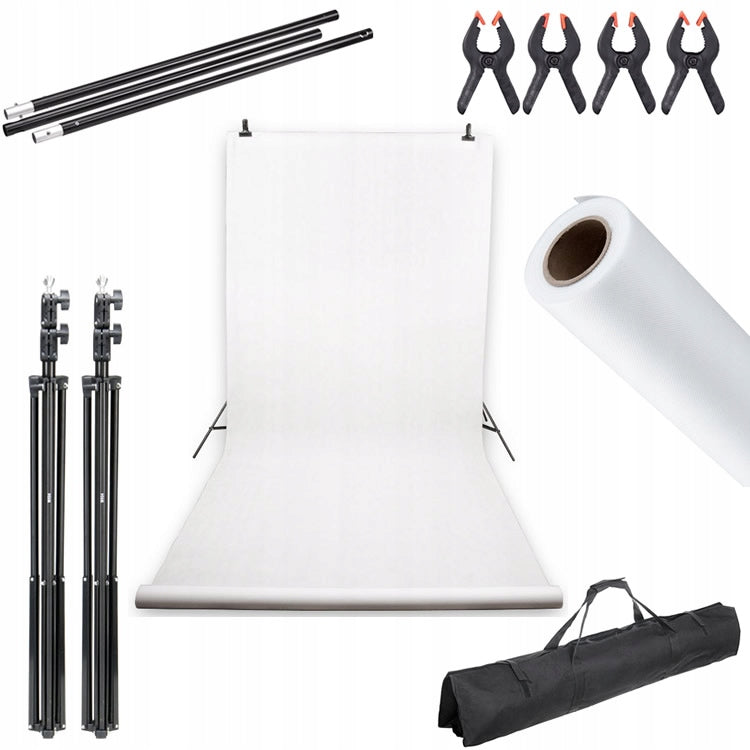 SET ATELIER BACKGROUND WHITE 1,6x2,5m 2x TRIPOD + CROSSBAR + BAG 4 CLIPS