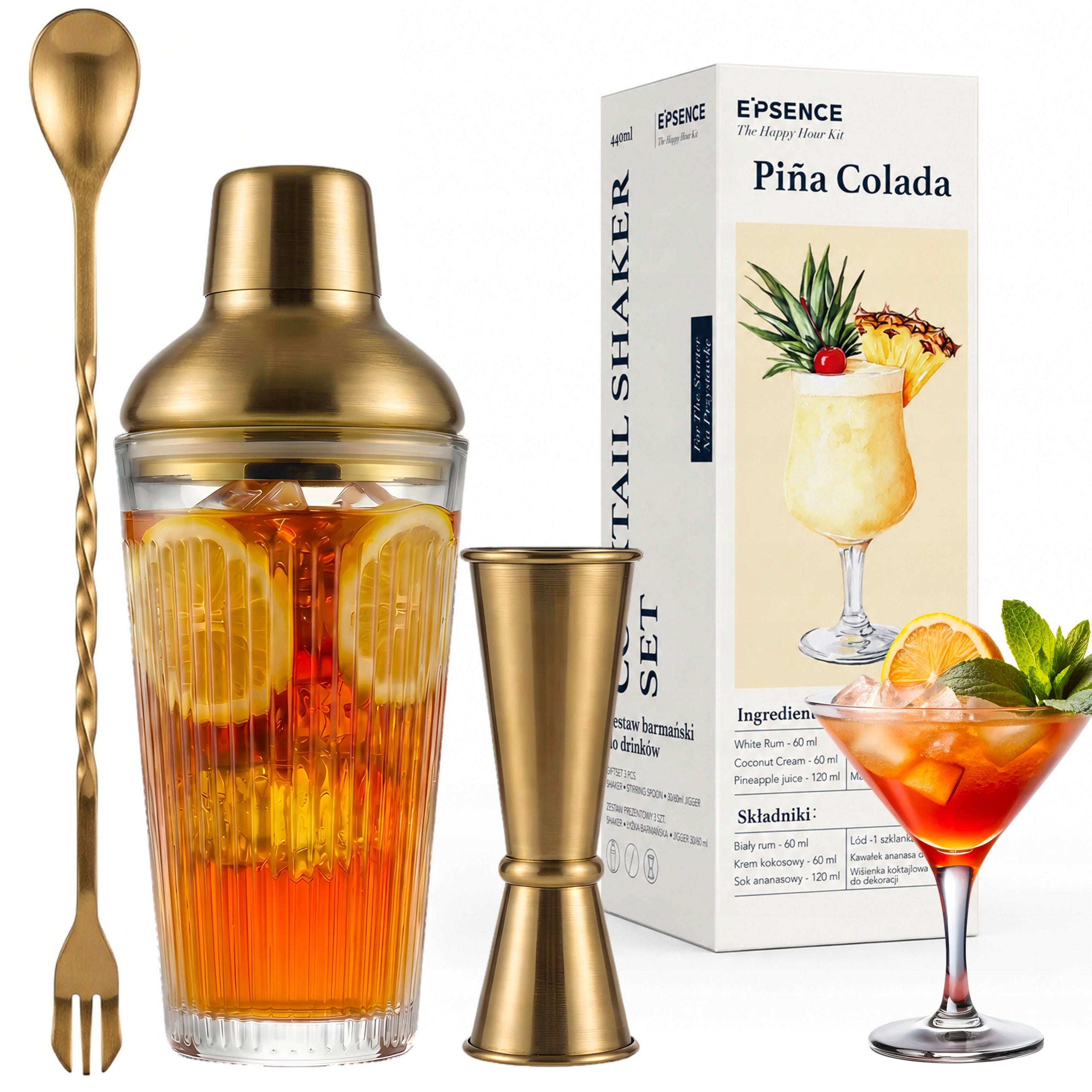 SET BARTENDING SHAKER FOR COCKTAIL DRINKS ALCOHOL GLASS GOLD