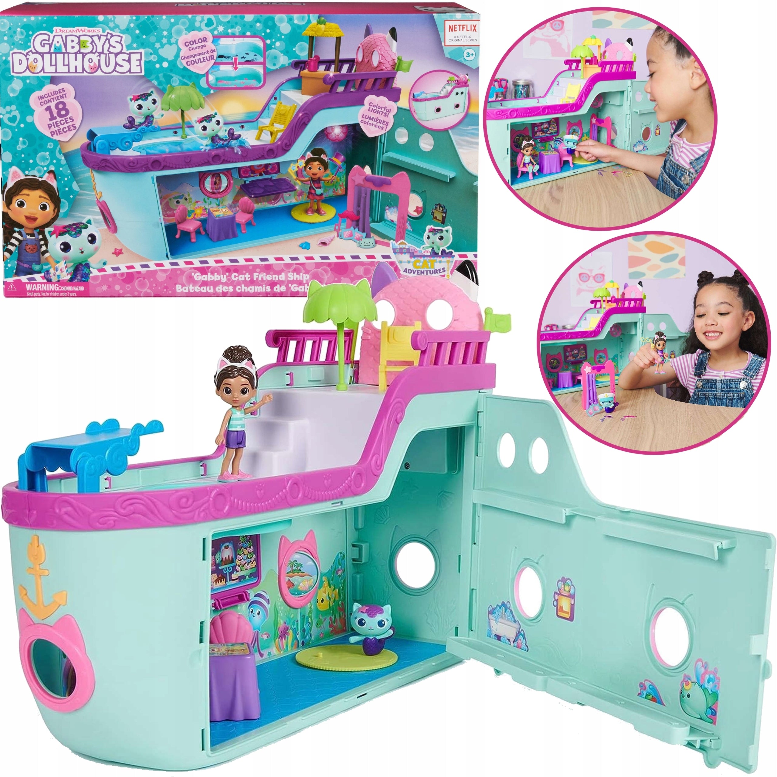 SET CAT HOUSE GABI LARGE INTERACTIVE SHIP SWIMMING POOL MERMAID +2 FIGURINES