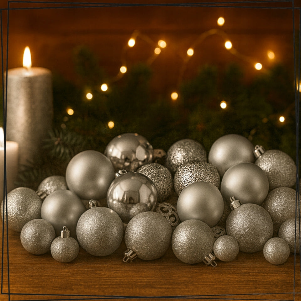 SET CHRISTMAS TREE BAUBLES PLASTIC CHRISTMAS TREE SILVER UNBREAKABLE CHRISTMAS Manufacturer code MAŁE CHOINKOWYCH BAŃKI KOMPLET 6 cm 3cm BĄBKI