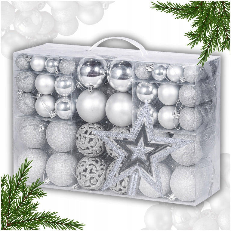SET CHRISTMAS TREE BAUBLES PLASTIC CHRISTMAS TREE SILVER UNBREAKABLE CHRISTMAS