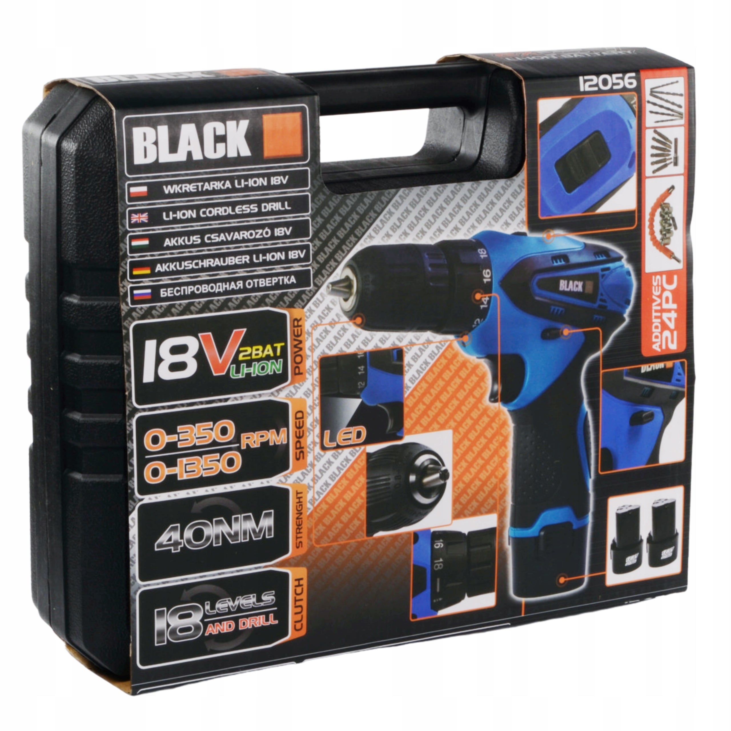 SET CORDLESS SCREWDRIVER 18 V 2 x BATTERY + SUITCASE + ACCESSORIES BLACK Brand Black