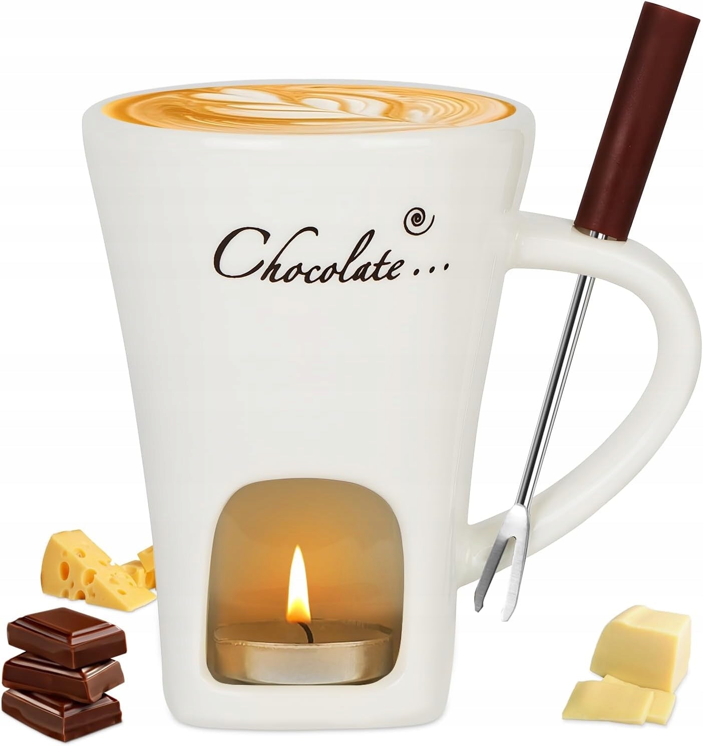 SET FOR FONDUE CERAMIC MUG FORK CHOCOLATE CHEESE 130 ml GIFT