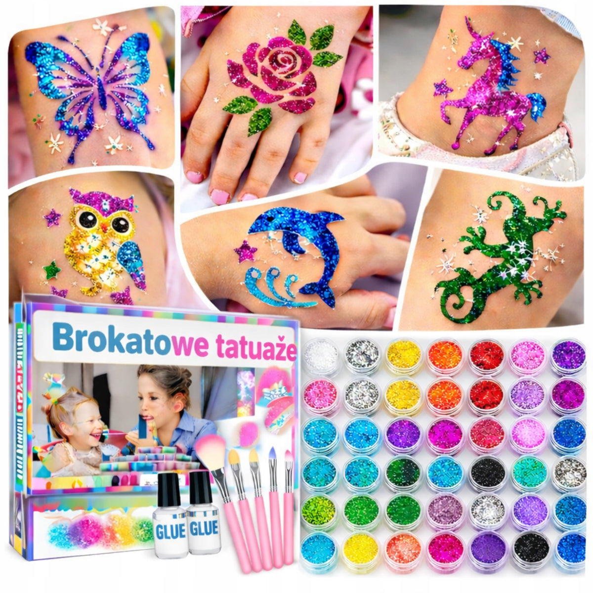 SET FOR MAKING GLITTER TATTOOS TEMPLATES WASHABLE GLITTERS FOR CHILDREN