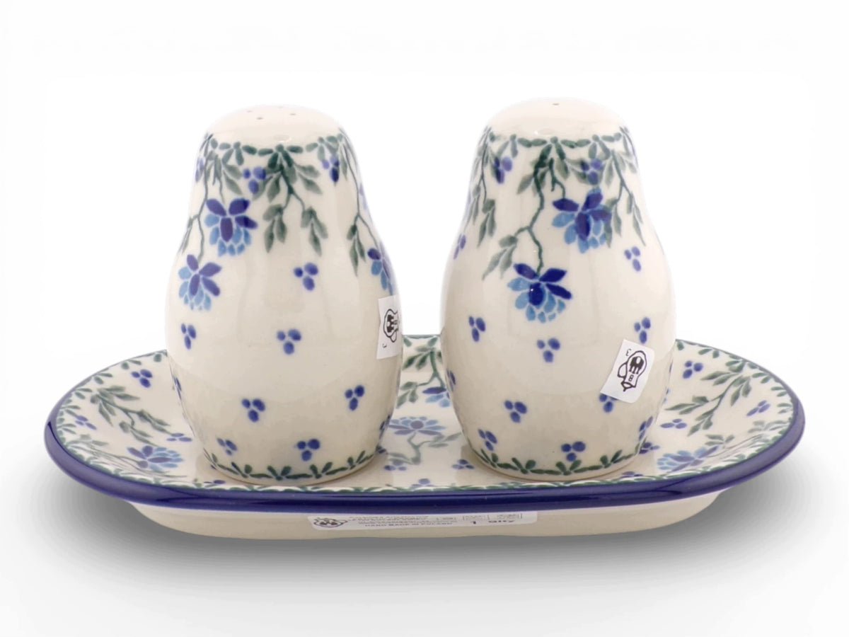 SET FOR SALT AND PEPPER WITH STAND IN BLUE PEONIES BOLESŁAWIEC Brand Ceramika Artystyczna Bolesławiec