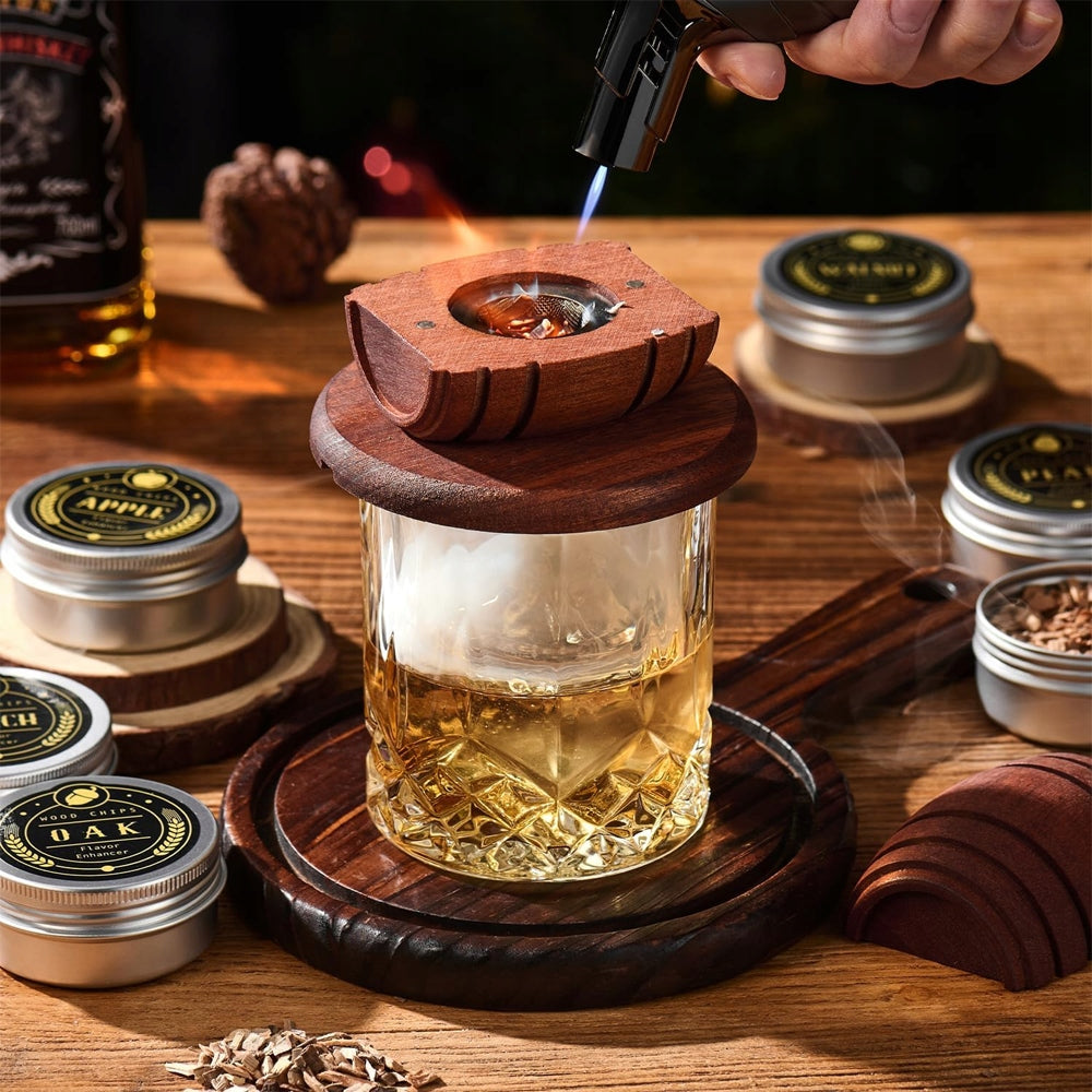 SET FOR SMOKING WHISKEY XXL BURNER WOODEN BOX 2 CUPS 6 FLAVORS Manufacturer no brand