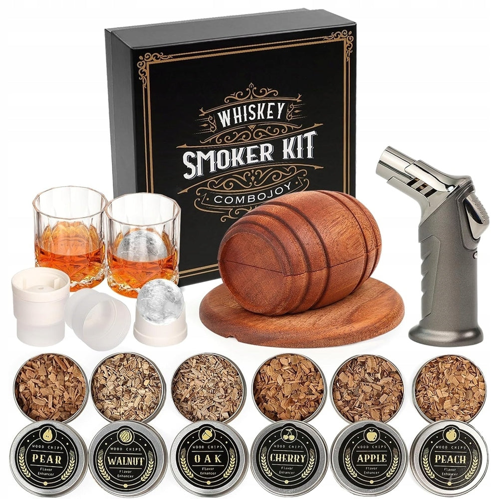 SET FOR SMOKING WHISKEY XXL BURNER WOODEN BOX 2 CUPS 6 FLAVORS Packaging status original