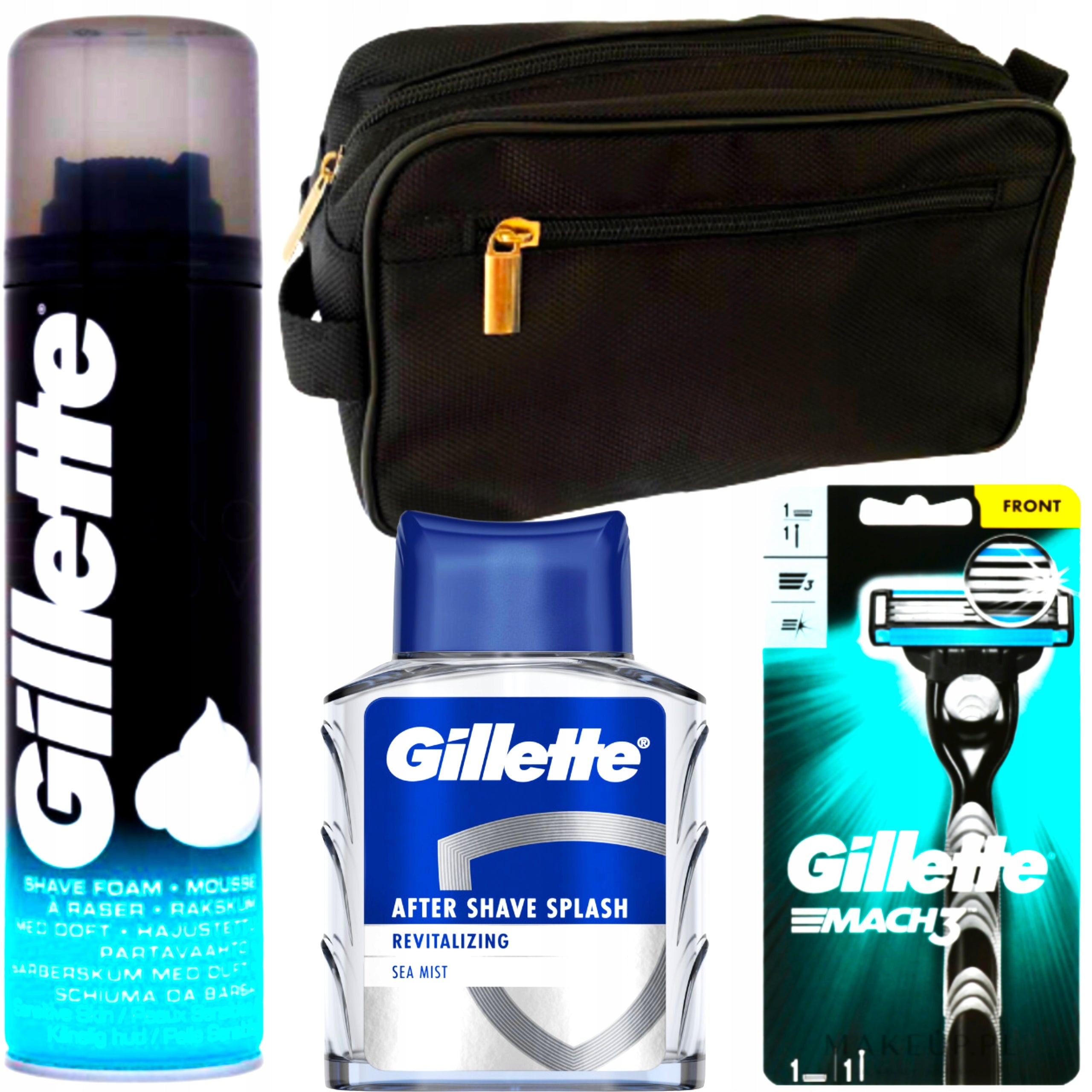 SET GILLETTE GIFT MEN'S + COSMETIC BAG MACHINE WATER FOAM 4IN1 Packaging status original