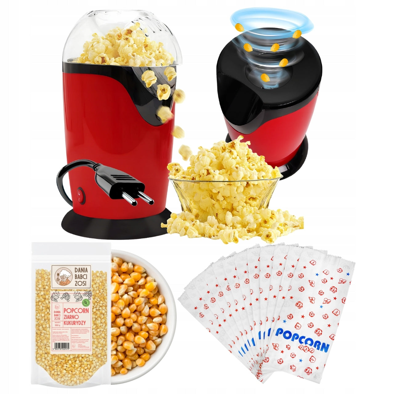 SET HOMEMADE POPCORN MACHINE + CORN GRAIN + POPCORN BAGS