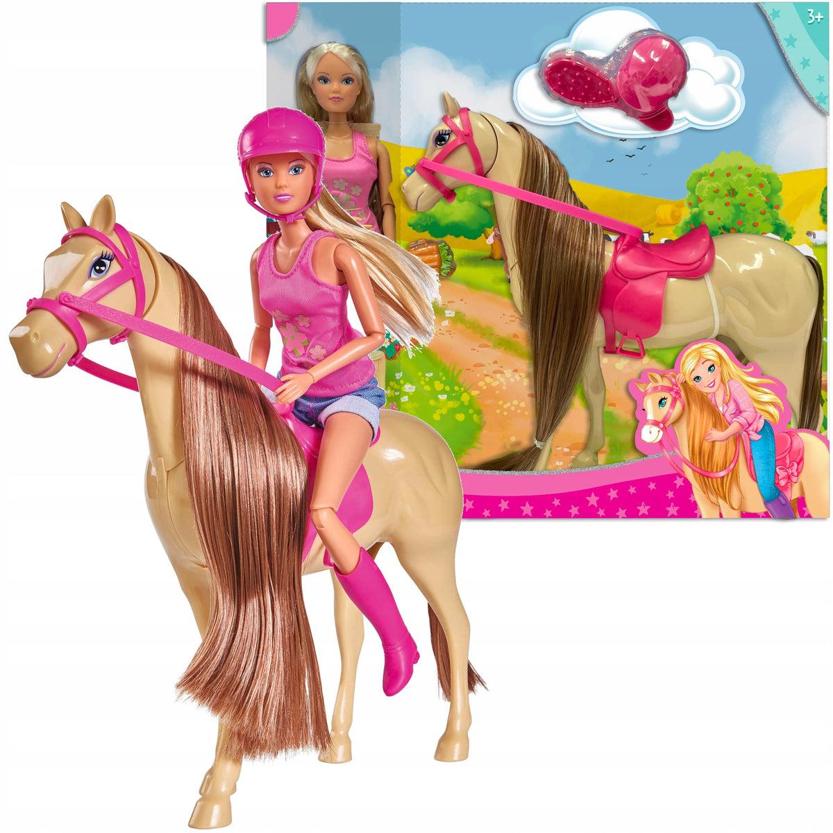 SET LALKA STEFFI WITH HELMET + HORSE MOVING HEAD HORSE RIDING AKCESORIA