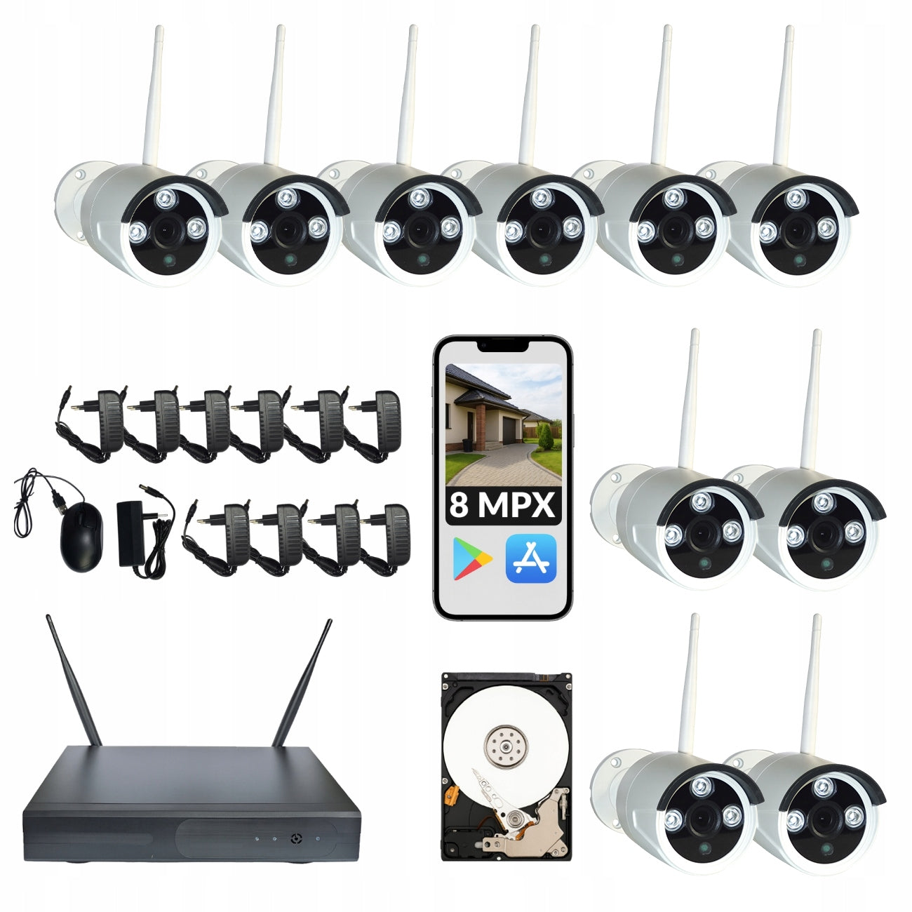 SET OF 10 CAMERAS 4K 8 MPX MONITORING WIRELESS WIFI SET RANGE 200M