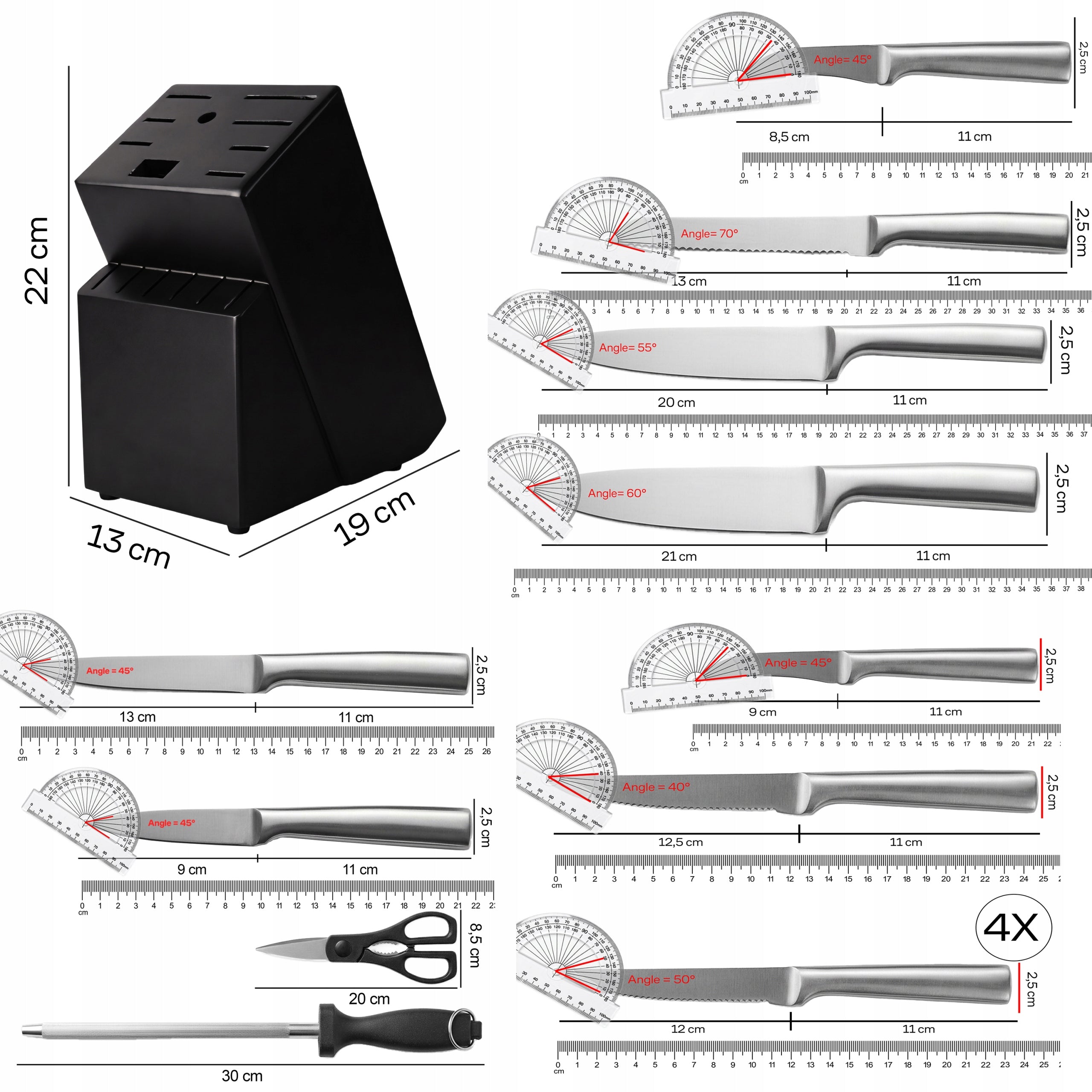 SET OF 16 STEEL KITCHEN KNIVES SHARP IN BLOCK STAND + SCISSORS Packaging status original