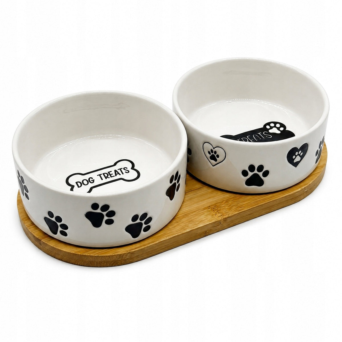 SET OF 2 CERAMIC BOWLS FOR CAT DOG ON WOODEN STAND 2x0,4L