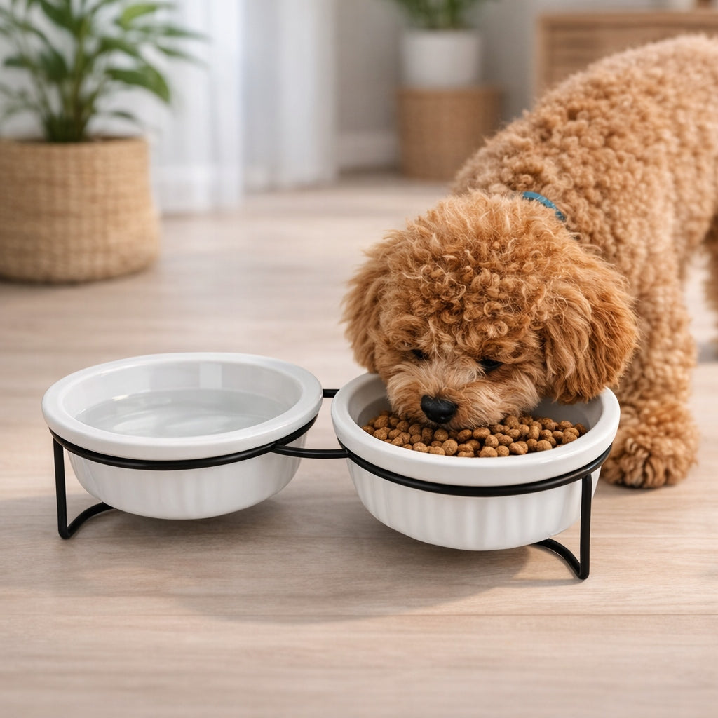 SET OF 2 CERAMIC BOWLS ON STEEL STAND FOR DOG AND CAT 2x360 ml Packaging status original