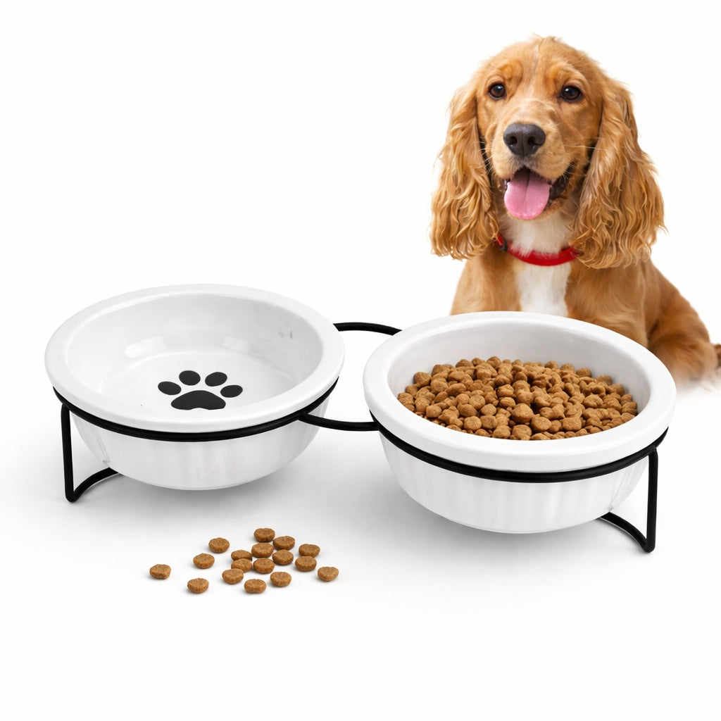 SET OF 2 CERAMIC BOWLS ON STEEL STAND FOR DOG AND CAT 2x360 ml