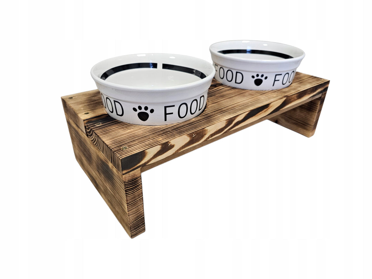 SET OF 2 CERAMIC BOWLS ON WOODEN STAND FOR DOG AND CAT 2x1600 ml