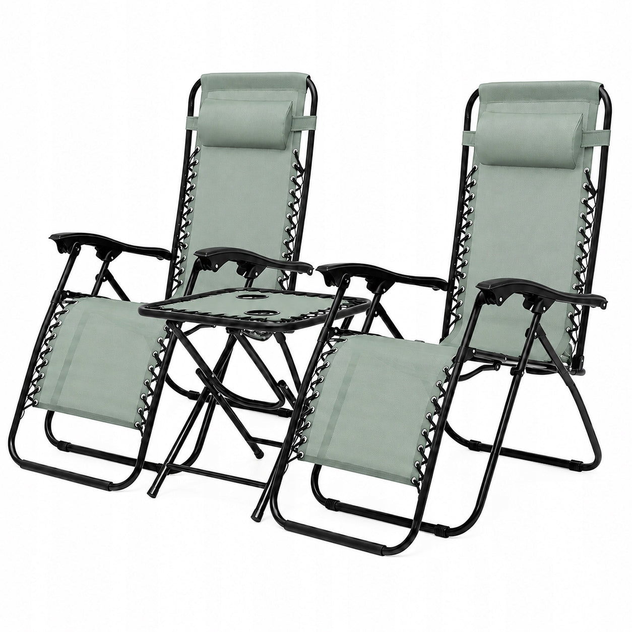 SET OF 2 GARDEN SUN LOUNGERS WITH TABLE Adjustable GREEN BLACK FRAME Terrace Brand Mirpol