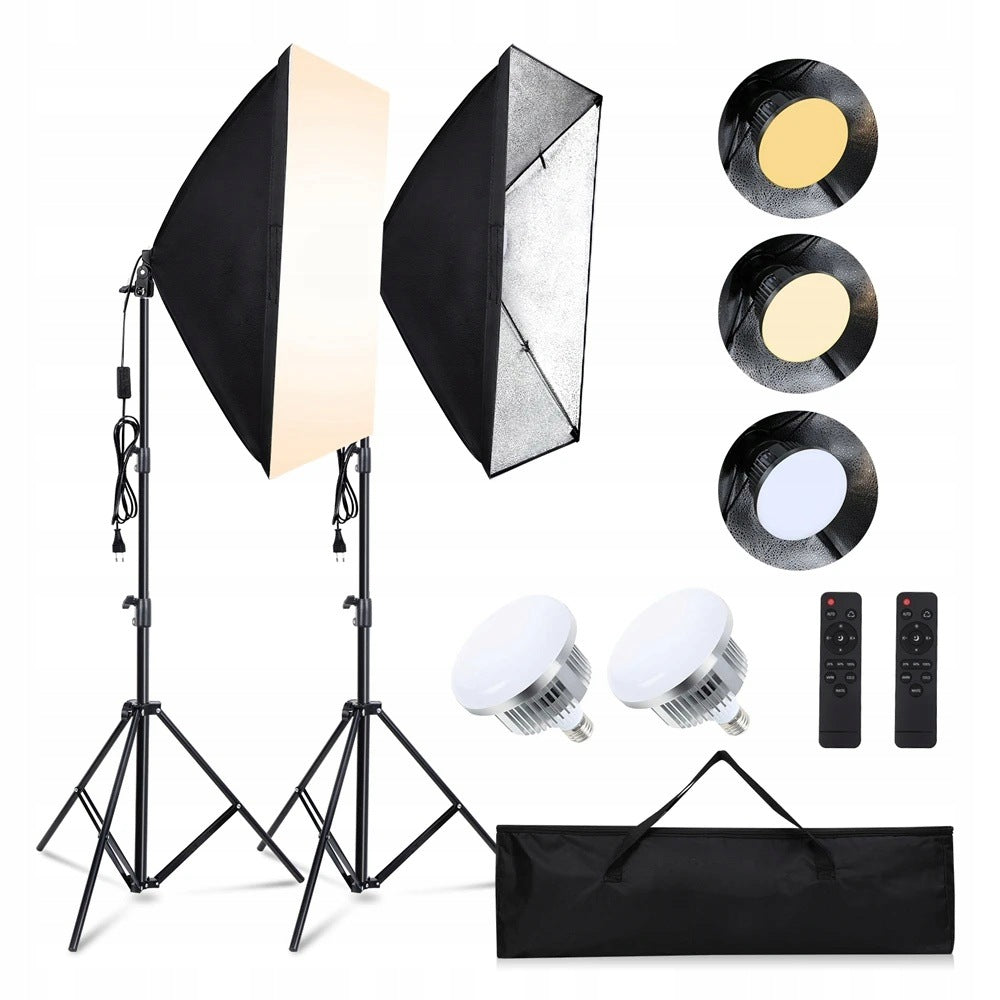 SET OF 2 x LED LAMP 850W 5500K with remote control SOFTBOX 50x70cm E27 tripod 215cm