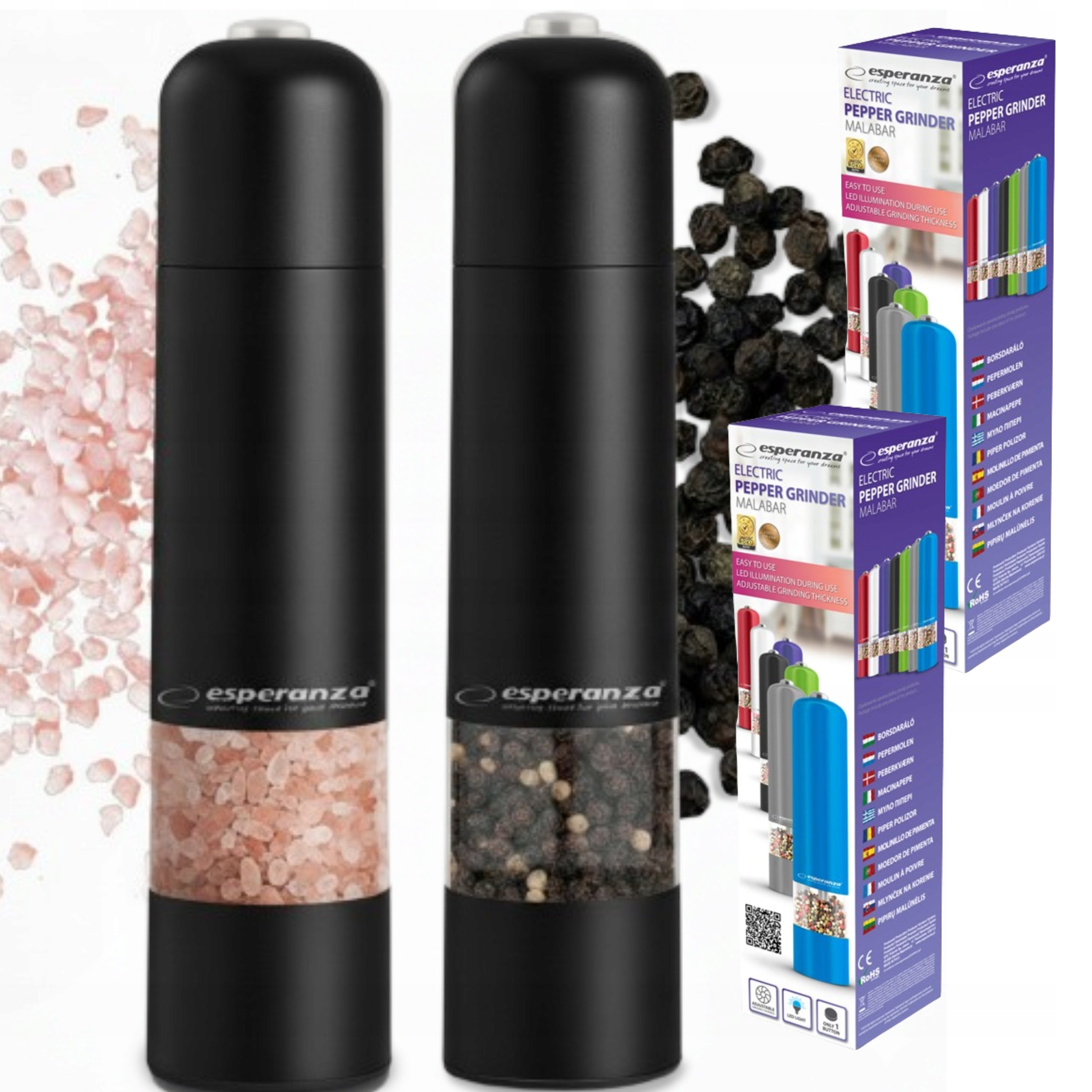 SET OF 2X AUTOMATIC ELECTRIC GRINDER FOR SALT PEPPER SPICES BLACK