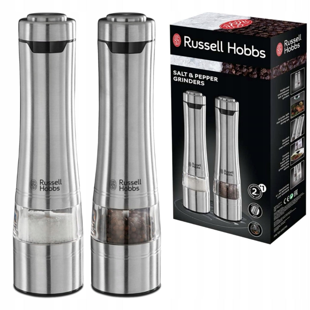 SET OF 2X SALT AND PEPPER GRINDER RUSSELL HOBBS ELECTRIC WITH ADJUSTMENT