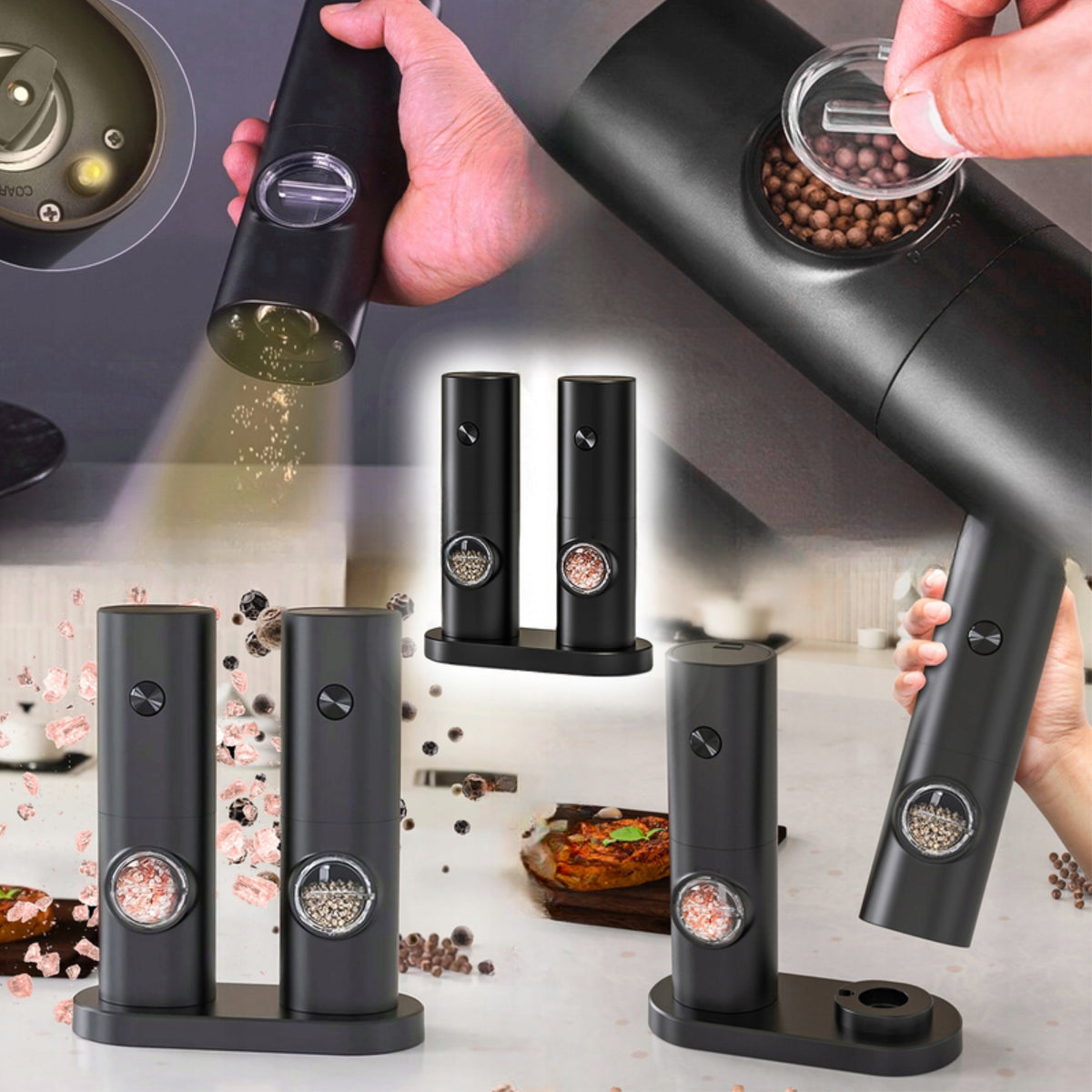 SET OF 2x ELECTRIC GRINDER FOR PEPPER SALT SPICES + STAND Packaging status original