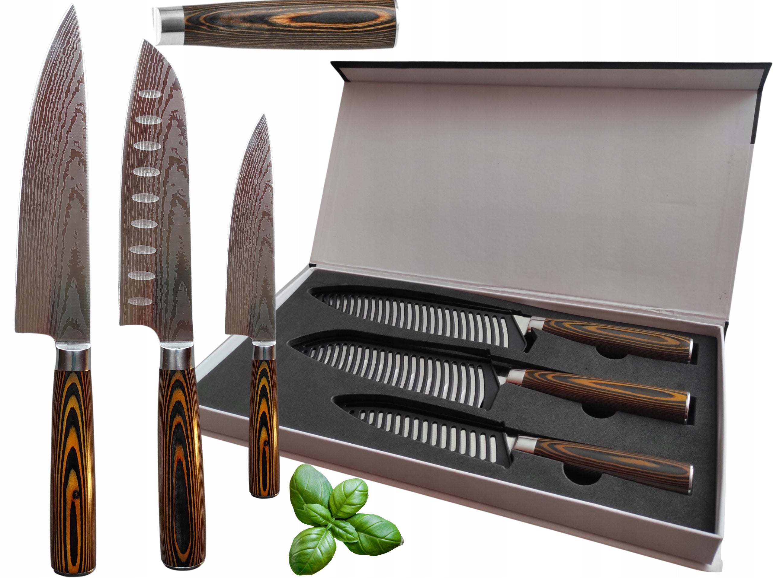 SET OF 3 KITCHEN KNIVES JAPANESE/DAMASCENE PATTERN IN GIFT BOX