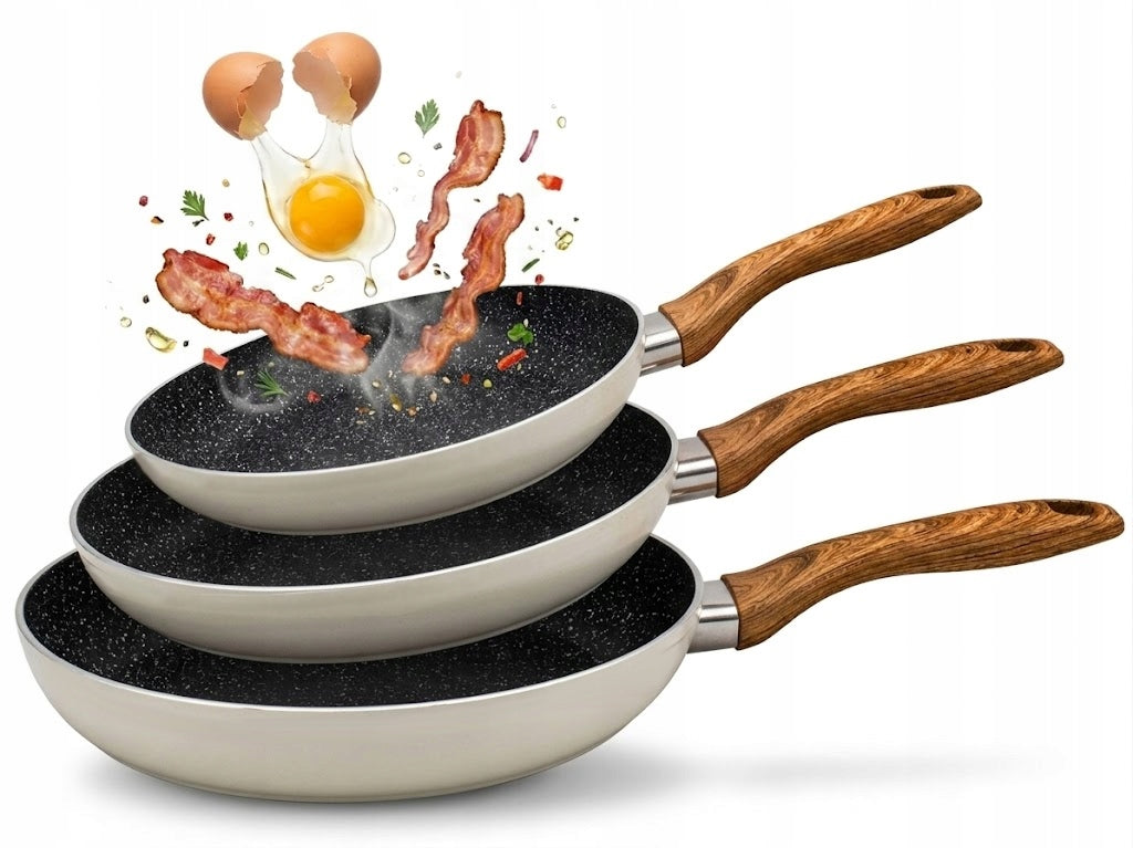 SET OF 3 PANS INDUCTION GAS 20cm 24cm 28cm NON-STICK COATING Manufacturer code Zestaw 3 patelni na indukcję i gaz