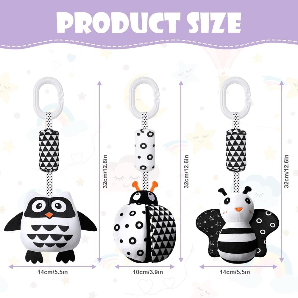 SET OF 3 RATTLES HANGING BLACK AND WHITE BABY STROLLER Brand no brand