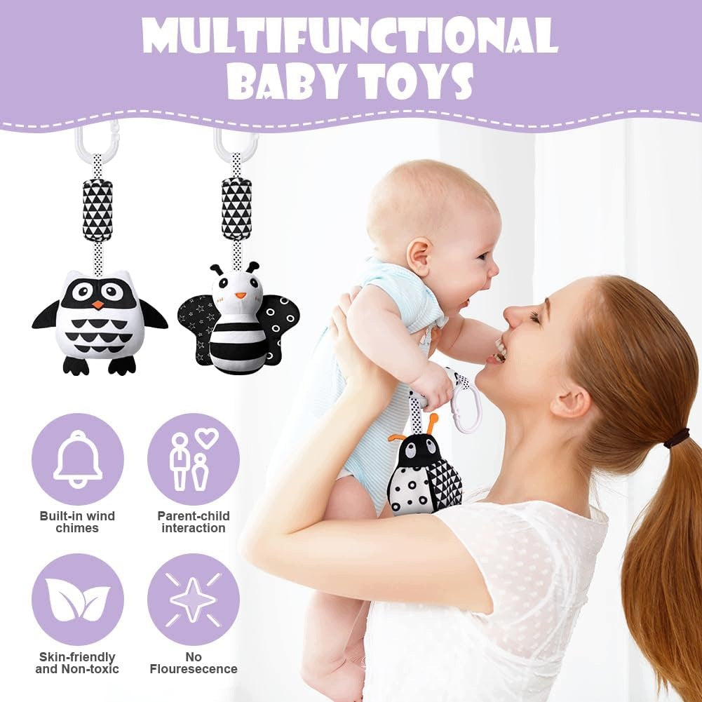 SET OF 3 RATTLES HANGING BLACK AND WHITE BABY STROLLER Kind toy bars
