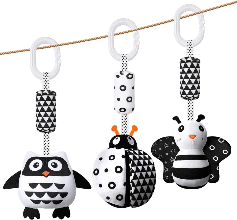 SET OF 3 RATTLES HANGING BLACK AND WHITE BABY STROLLER