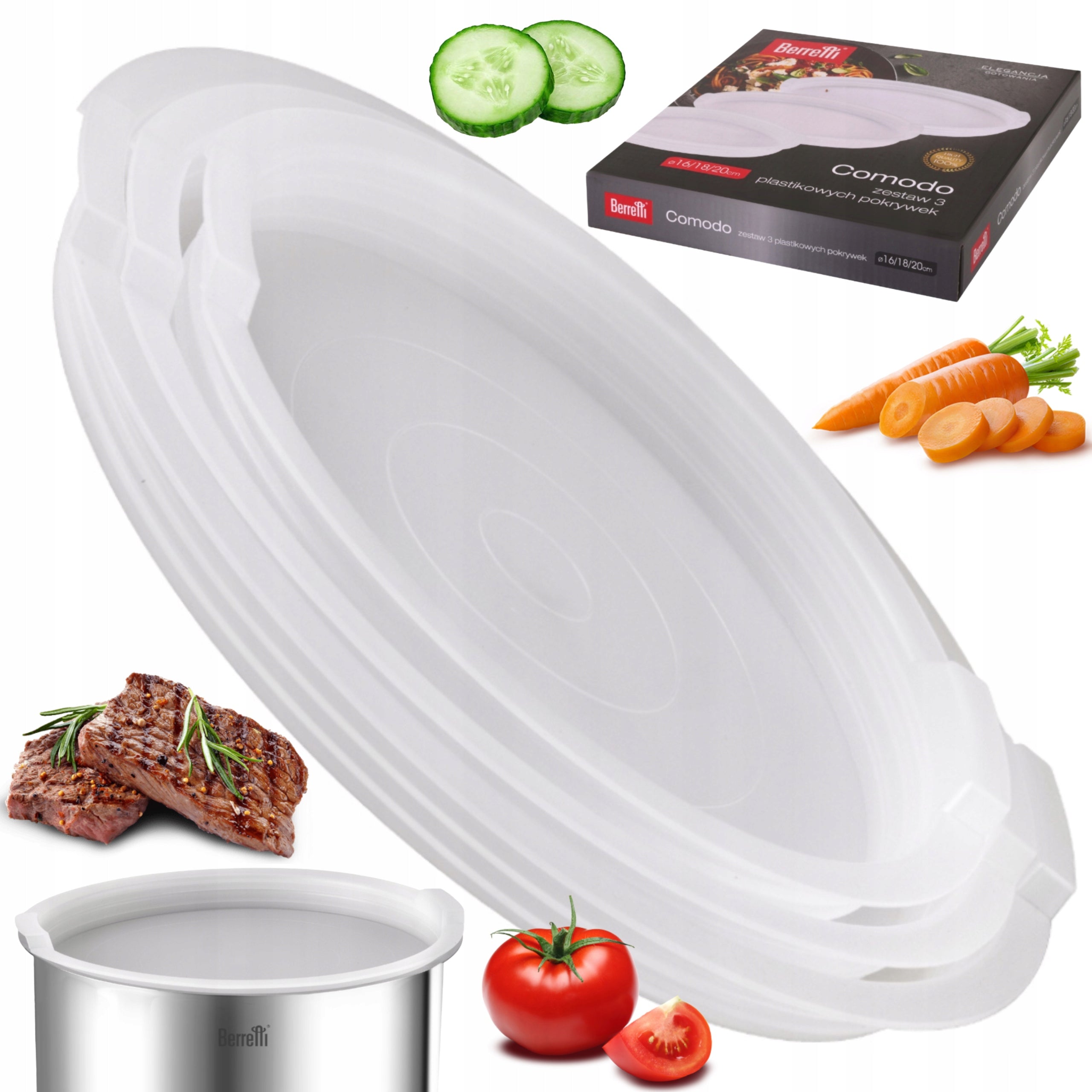 SET OF 3PCS COVERS SET OF PLASTIC LIDS BERRETTI COMODO 16 18 20CM