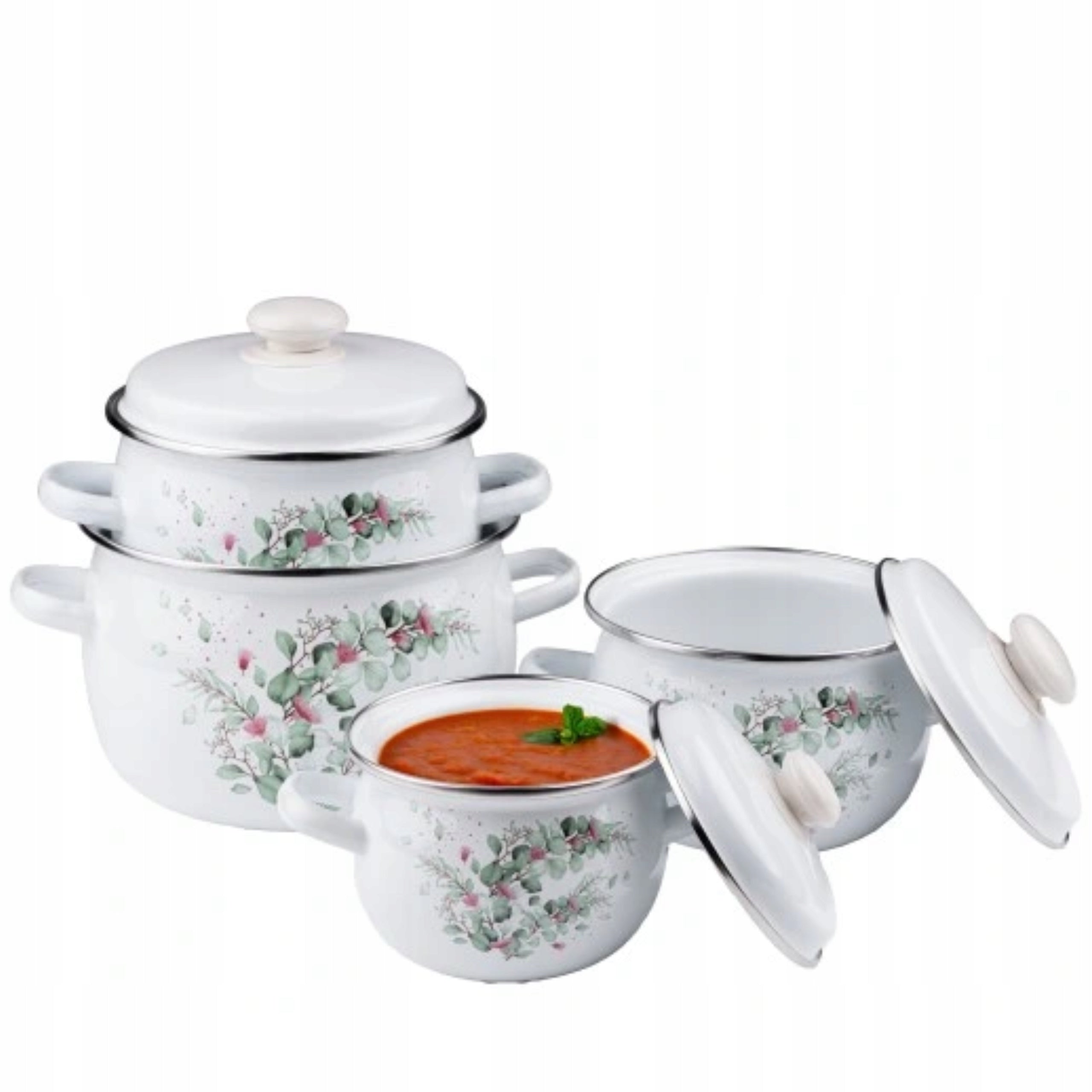SET OF 4 ENAMEL POTS + LIDS 8EL INDUCTION GAS ENAMEL POTS Brand Emalia Rybnik