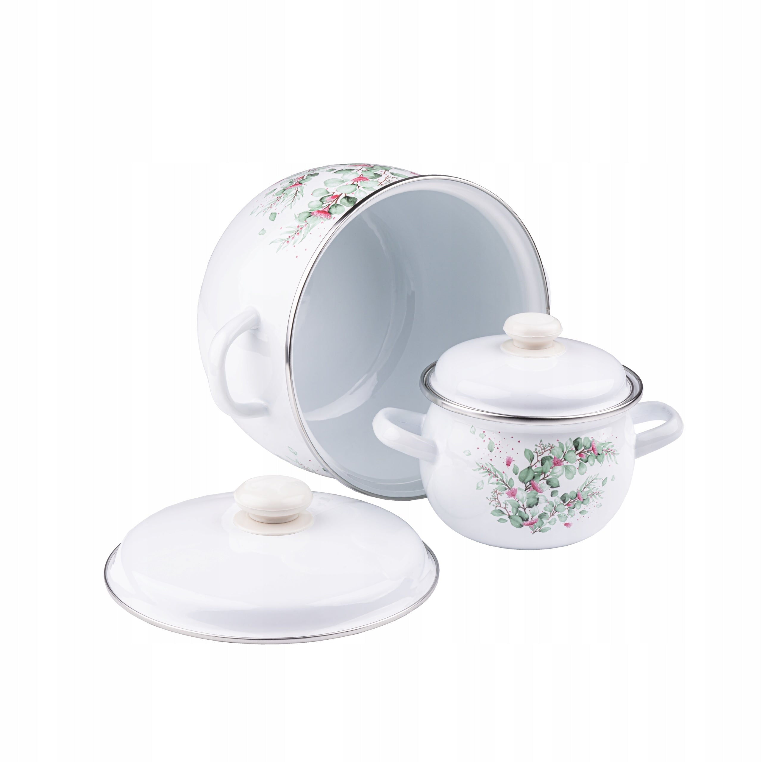 SET OF 4 ENAMEL POTS + LIDS 8EL INDUCTION GAS ENAMEL POTS Line EUKALIPTUS