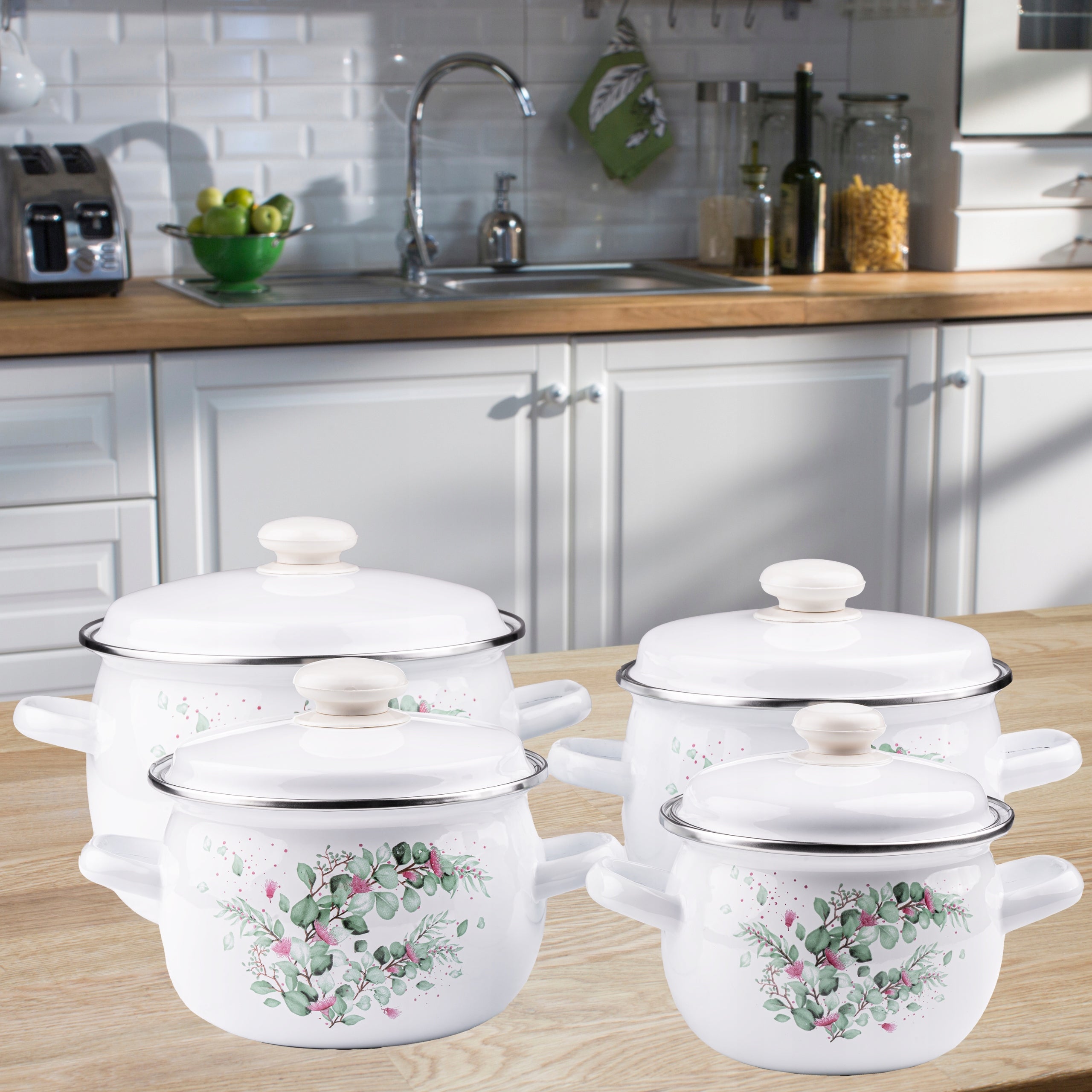 SET OF 4 ENAMEL POTS + LIDS 8EL INDUCTION GAS ENAMEL POTS Manufacturer code garnki emaliowane
