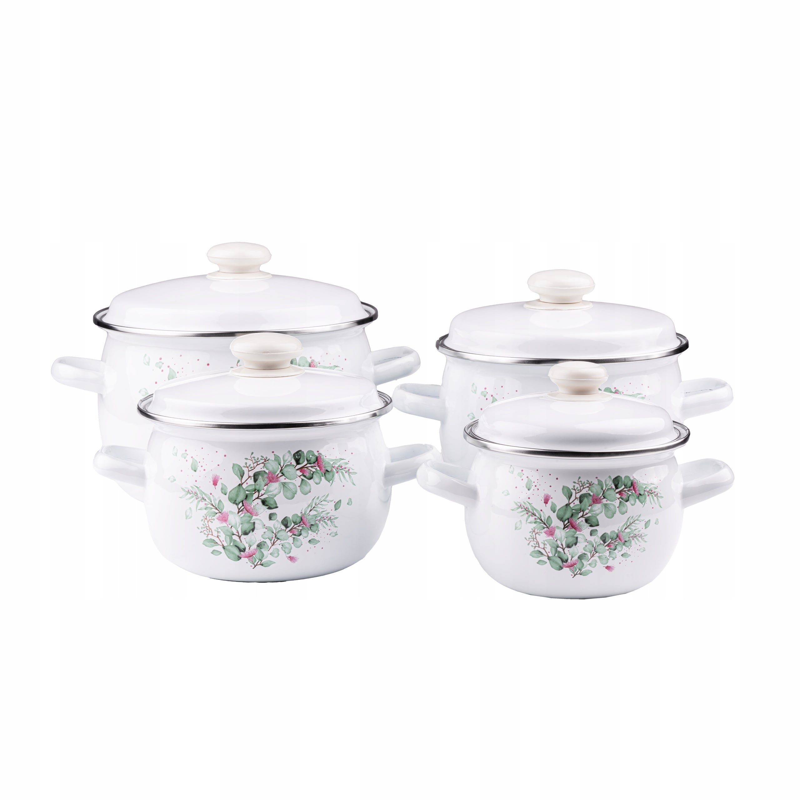 SET OF 4 ENAMEL POTS + LIDS 8EL INDUCTION GAS ENAMEL POTS