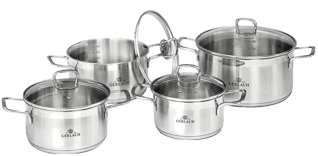 SET OF 4 POTS GERLACH INDUCTION GAS BRAVA STAINLESS STEEL 4 LIDS Color gray
