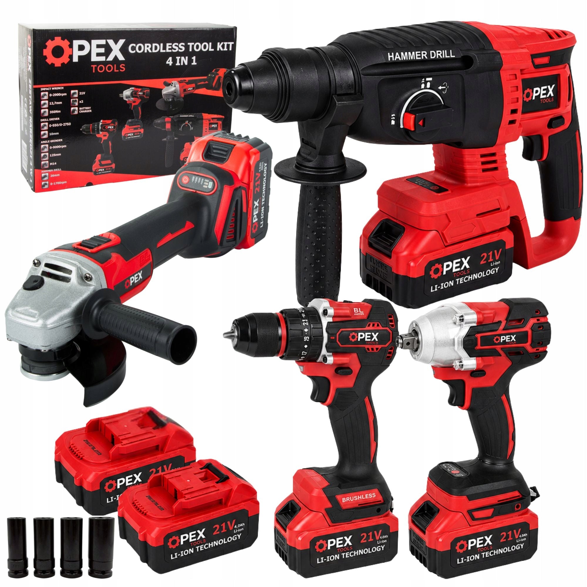 SET OF 4IN1 DRILL/DRIVER + IMPACT WRENCH + GRINDER + HAMMER DRILL