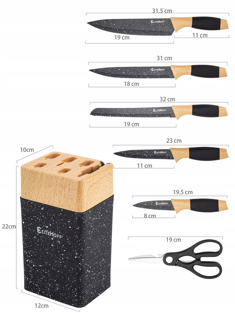 SET OF 5 KITCHEN KNIVES IN BLOCK RACK WITH KNIFE SHARPENER + SCISSORS Packaging status original