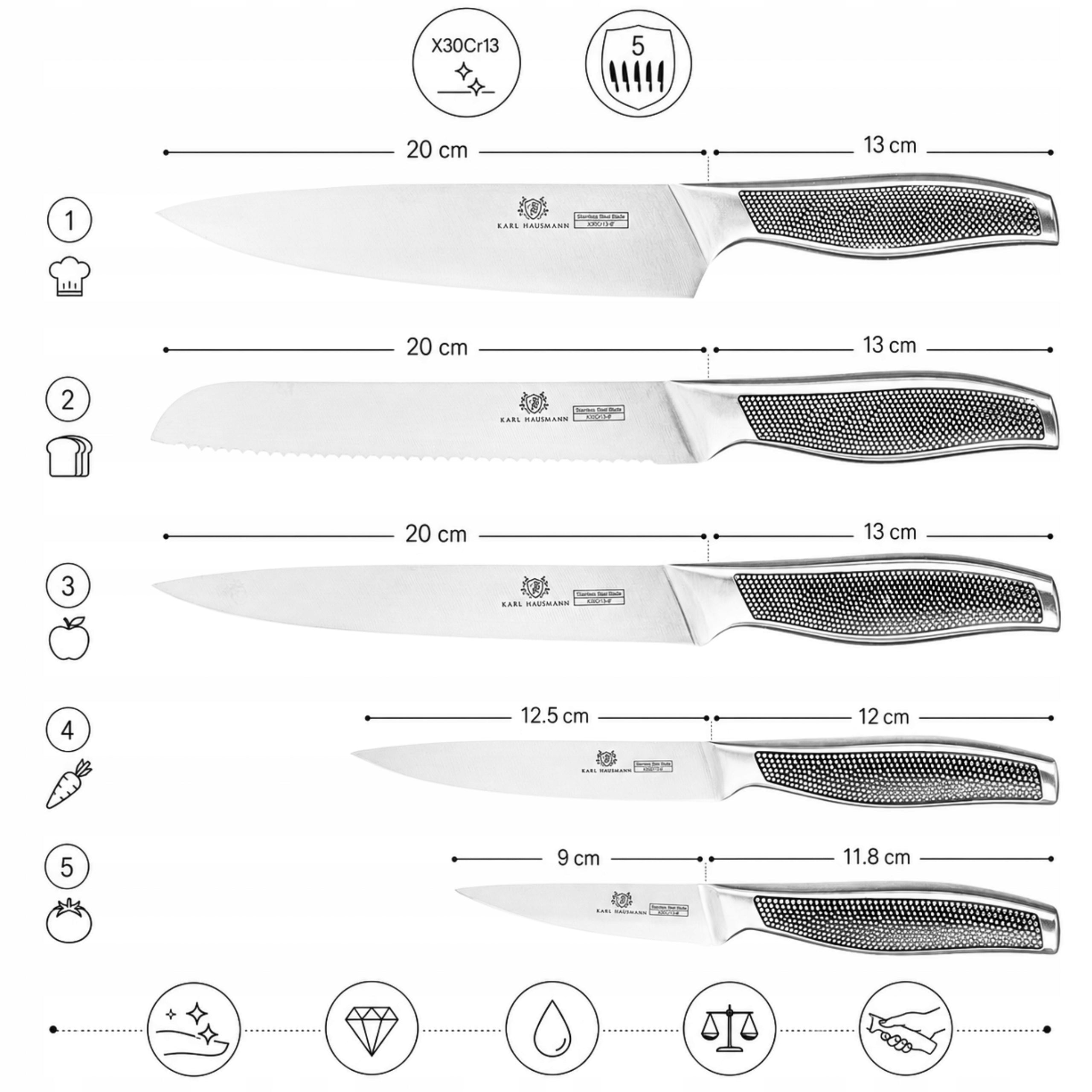 SET OF 5 KITCHEN KNIVES STEEL sharp KNIVES CHEF'S KNIFE 18/0 Manufacturer code ZESTAW KOMPLET 5 NOŻY KUCHENNYCH STALOWE 18/0