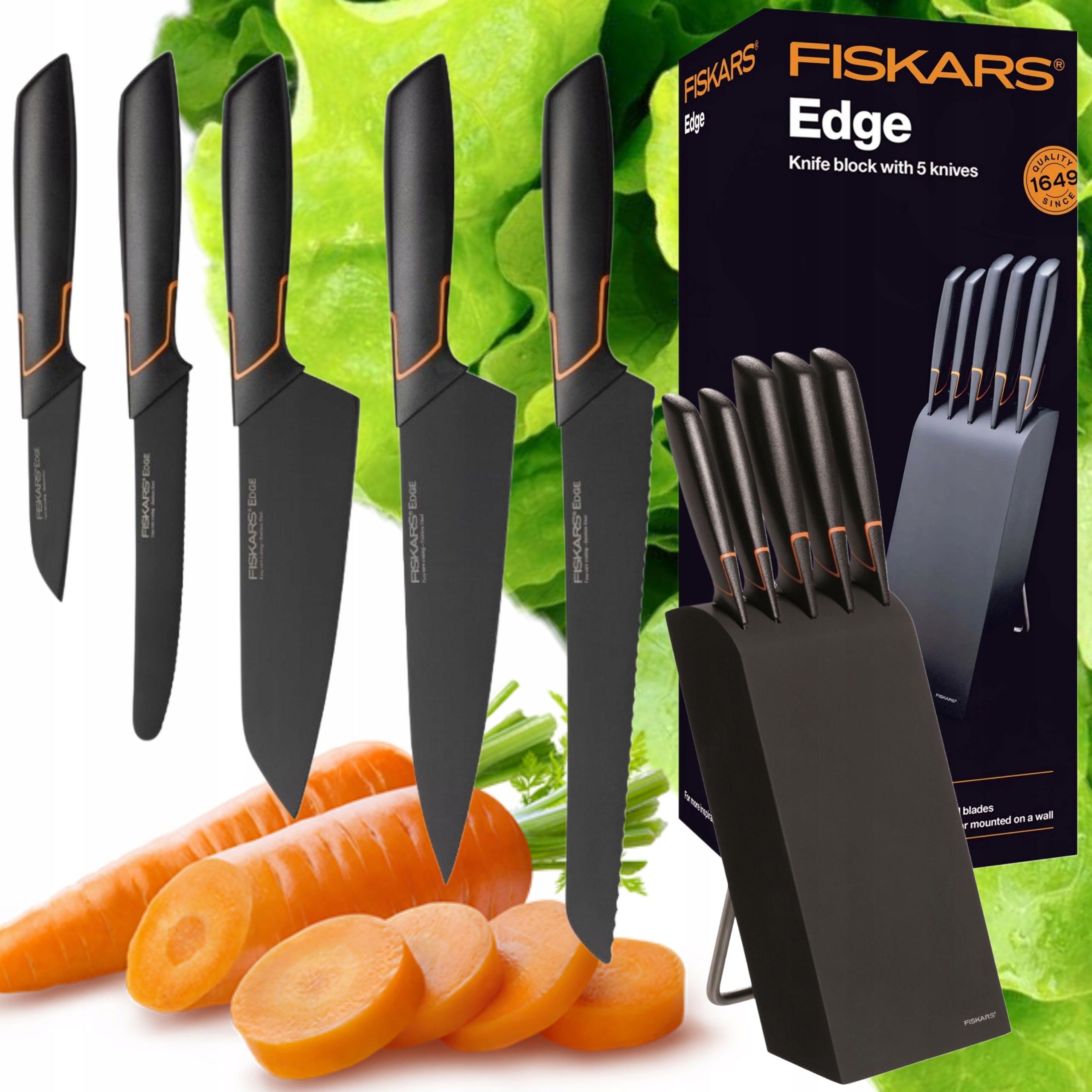 SET OF 5 KNIVES IN BLOCK FISKARS EDGE SET KITCHEN KNIVES BLACK SHARP SOLID