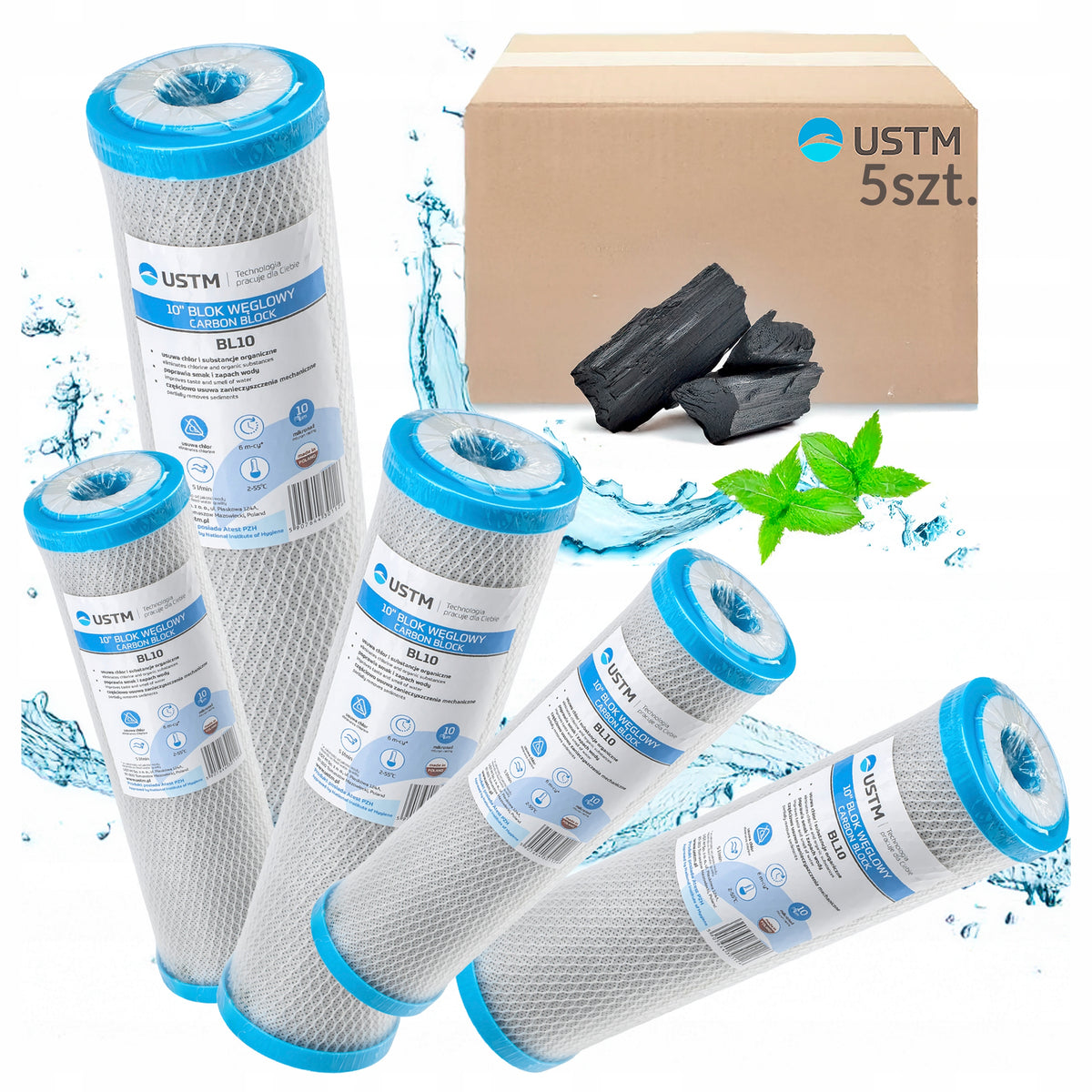 SET OF 5 WATER FILTERS CARBON CARTRIDGE 10" CARBON BLOCK BL10 USTM
