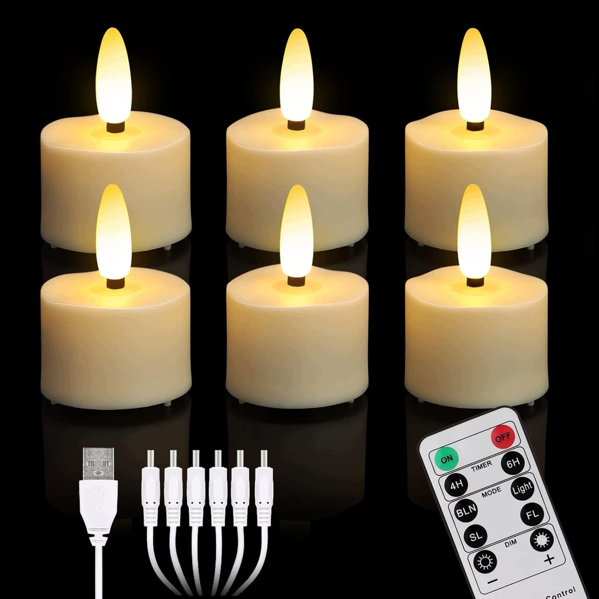 SET OF 6 LED CANDLES REMOTE CONTROL TIMER WARM USB LIGHT