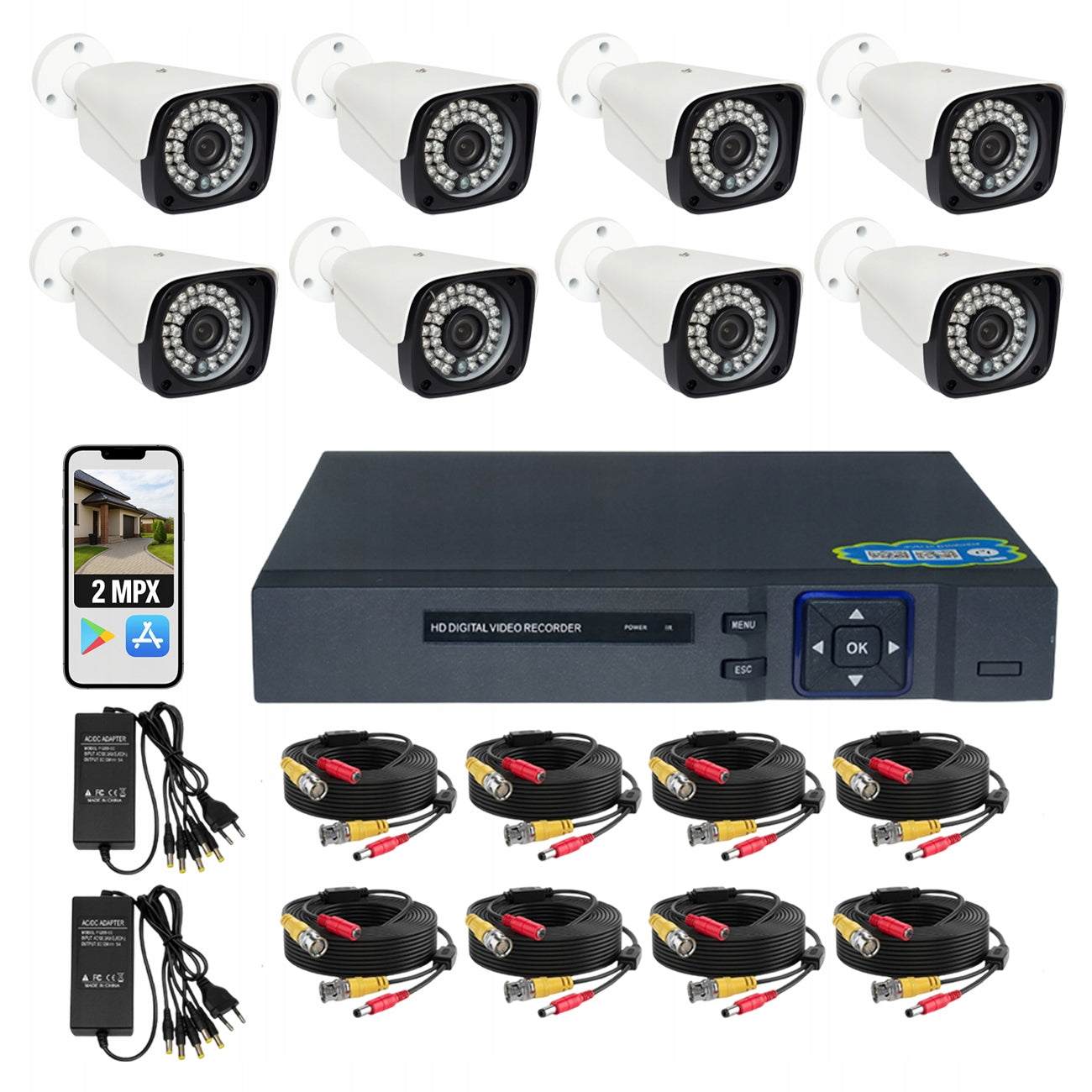 SET OF 8 FULL HD 2 MPX SURVEILLANCE CAMERAS FOR HOME ON CCTV PROPERTY