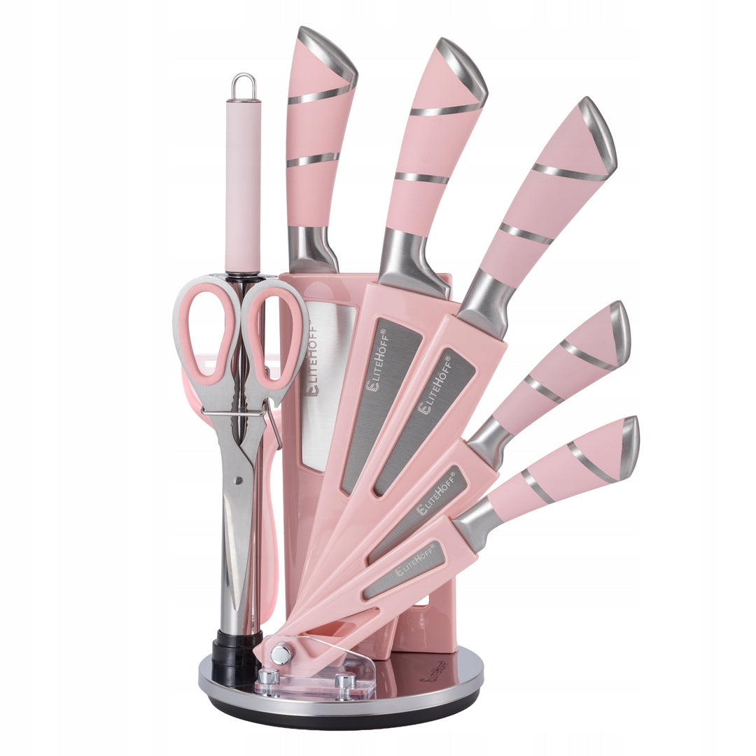 SET OF 9 ELEMENT KITCHEN KNIVES IN A STAND WITH SHARPENER AND SHEARS pink