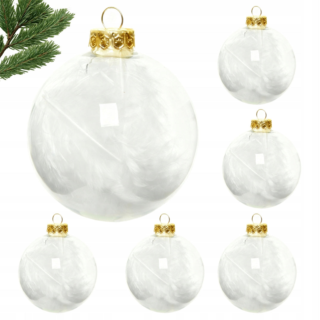 SET OF ACRYLIC BAUBLES with feathers 5+1 FREEBIE - transparent gold