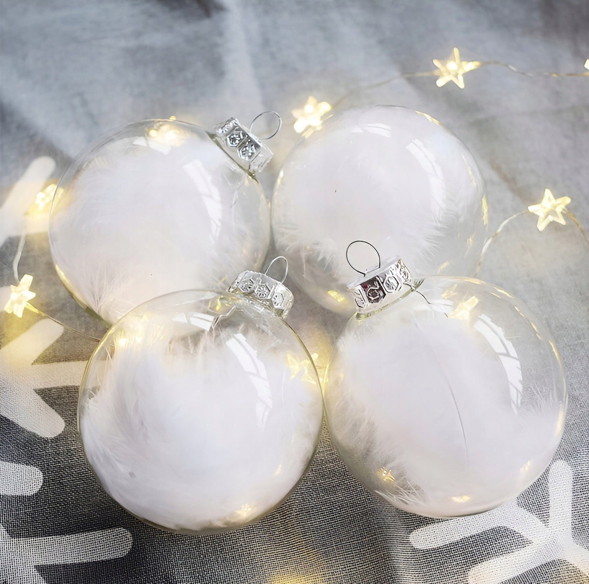 SET OF ACRYLIC BAUBLES with feathers 5+1 FREEBIE - transparent silver Brand AFLOS