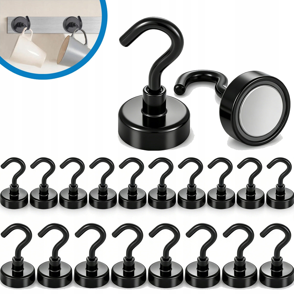 SET OF BLACK HOOKS MAGNETIC HOLDERS STRONG UNIVERSAL 20pcs
