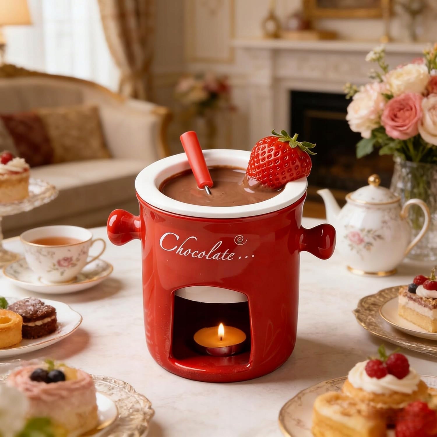 SET OF CERAMIC FONDUE POTS 280ML CHOCOLATE FONDUE FORKS Dominant color red