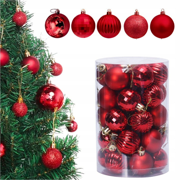 SET OF CHRISTMAS BALLS RED MIX 34x 4CM UNBREAKABLE FOR CHRISTMAS TREE REED