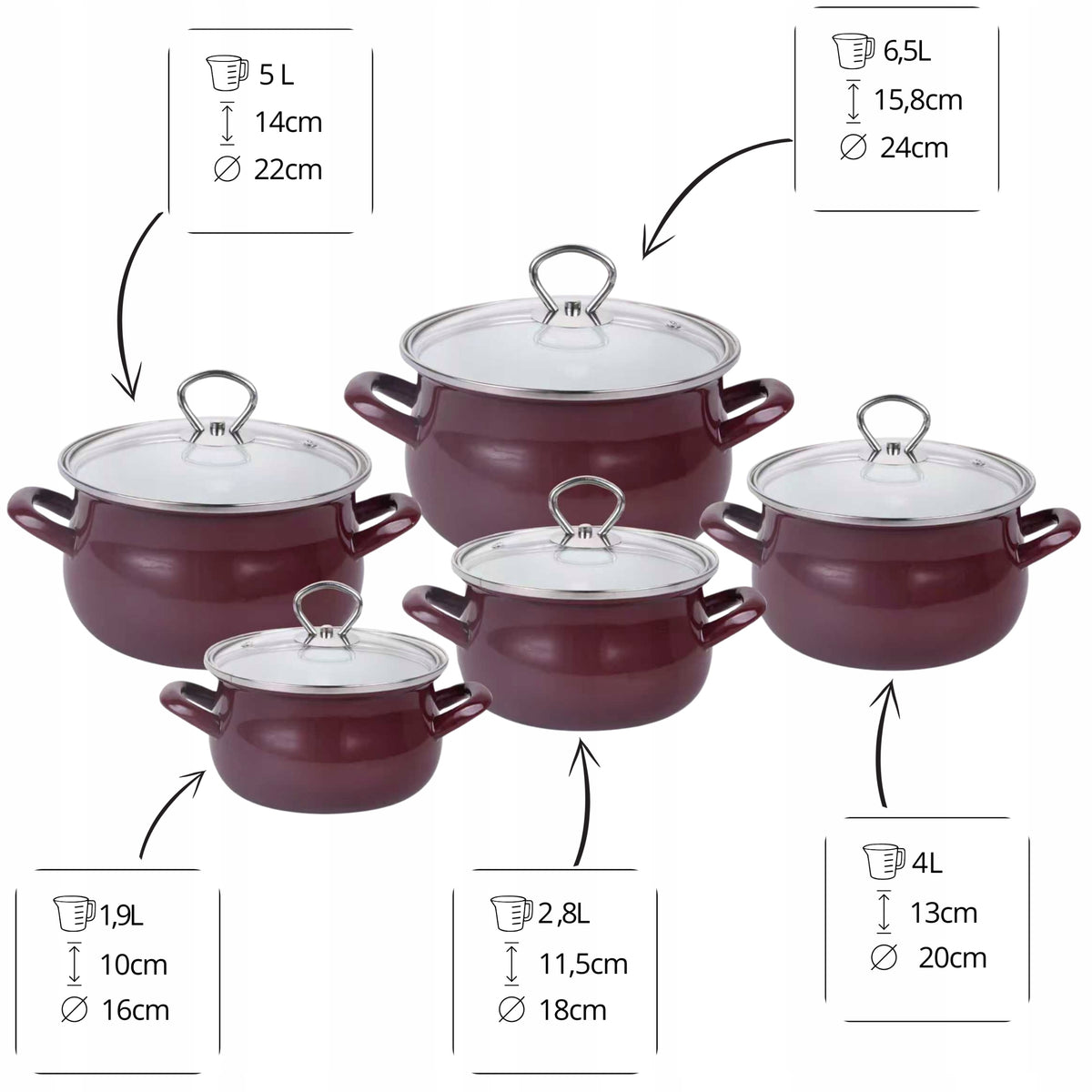 SET OF ENAMEL POTS BURGUNDY ENAMEL POT LIDS 10EL Brand Emalia Rybnik